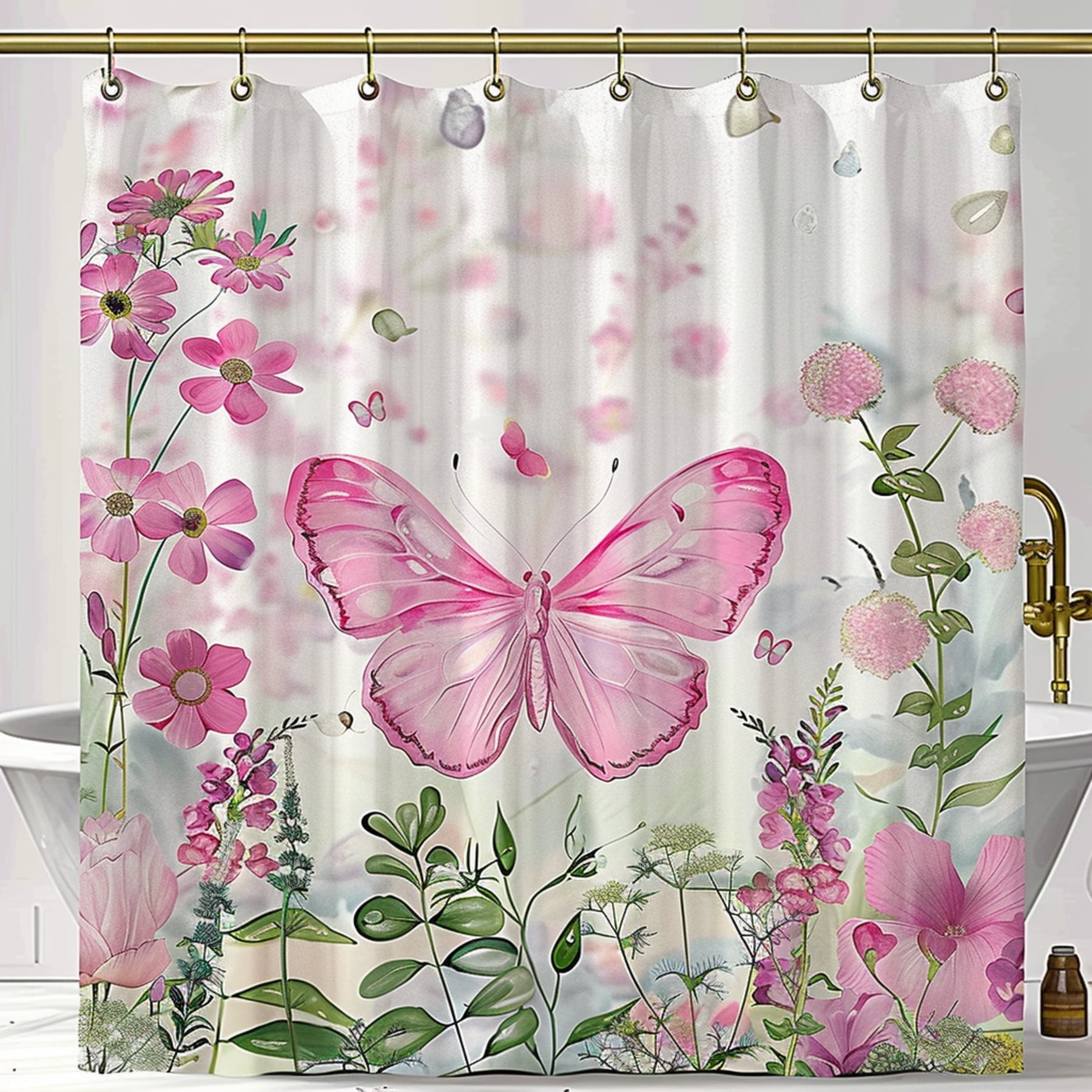 Beautiful Pink Butterfly and Flowers Garden Design Shower Curtain ...