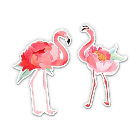 Beautiful Pink Flamingos with Flowers - 3" Vinyl Sticker - For Car Laptop I-Pad Phone Helmet Hard Hat - Waterproof Decal