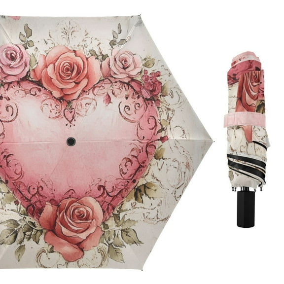 Beautiful Pink Heart with Roses Compact Sun Umbrella Windproof Travel Umbrellas for Rain Strong Portable UV Protection