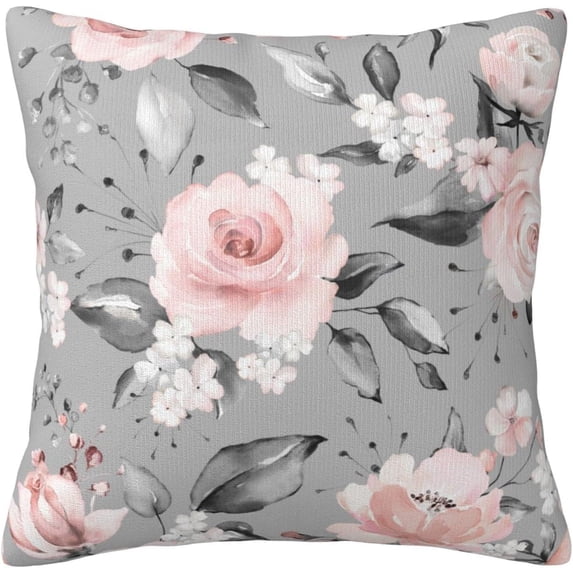 Beautiful Pink Rose Gradually Varied Gray Leaves Pillowcases Flower Seamless Art Pattern Pillow Case Decorative Throw Pillow Cover for Home Sofa Office 18x18inch