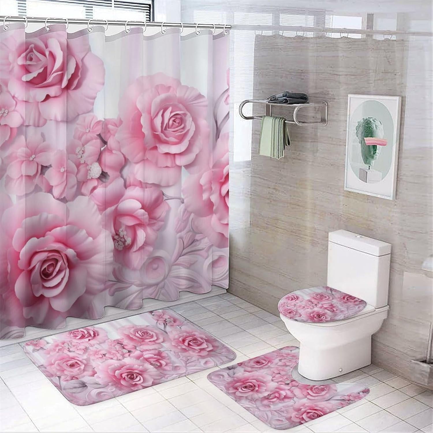 Beautiful Pink Roses Shower Curtain Sets with Rugs Toilet Lid Cover and Bath Mat Colorful Romantic Floral Shower Curtains with 12 Hooks Waterproof 4 Piece Bathroom Decor Set