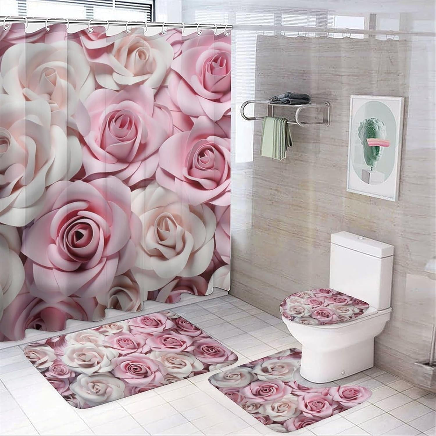 Beautiful Pink Roses Shower Curtain Sets with Rugs Toilet Lid Cover and Bath Mat Colorful Romantic Floral Shower Curtains with 12 Hooks Waterproof 4 Piece Bathroom Decor Set
