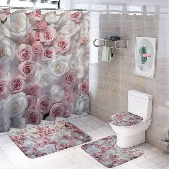Beautiful Pink Roses Shower Curtain Sets with Rugs Toilet Lid Cover and Bath Mat Colorful Romantic Floral Shower Curtains with 12 Hooks Waterproof 4 Piece Bathroom Decor Set