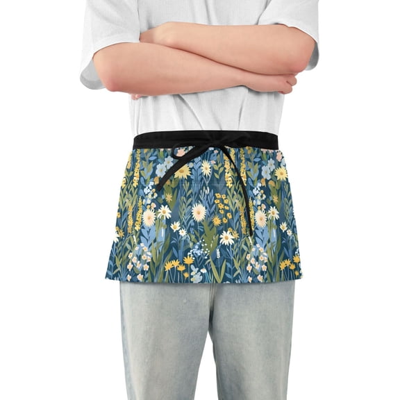 Beautiful Plant Floral Field Server Apron with 3 Pockets Waterproof Waitress Waist Short Apron for Man Woman 12 Inches
