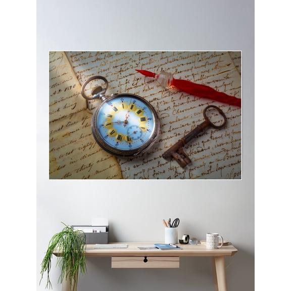 Beautiful Pocket Watch On Old Letters Poster Wall Art, Modern Wall Decor For Living Room Bedroom, 8x12 UNFRAMED
