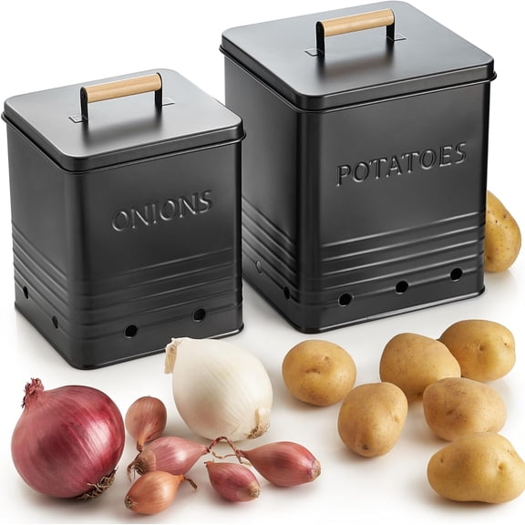 Beautiful Potato and Onion Storage Container Set, 10.1" & 8.9" - Perfectly Sized Spacious Canisters For Your Kitchen Counter Or Pantry - Food Safe Metal Bins Keep Produce Fresh Longer