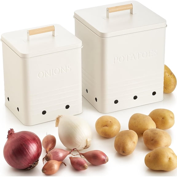 Beautiful Potato and Onion Storage Container Set, 10.1" & 8.9" - Perfectly Sized Spacious Canisters For Your Kitchen Counter Or Pantry - Food Safe Metal Bins Keep Produce Fresh Longer