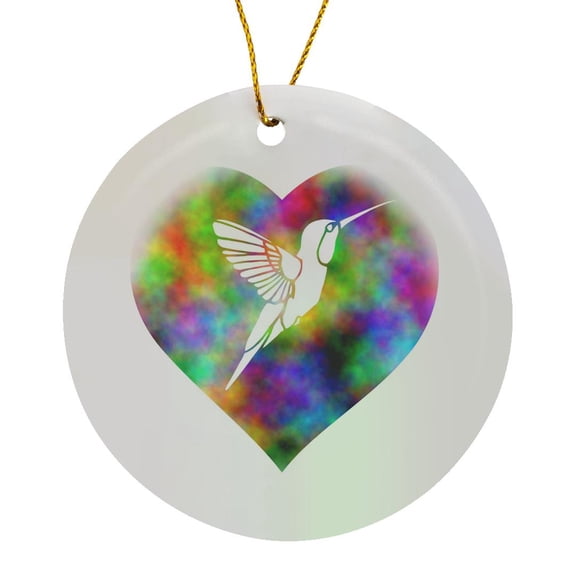 3drose, Beautiful Prismatic Rainbow Heart with White Hummingbird, Circle Porcelain Ornament