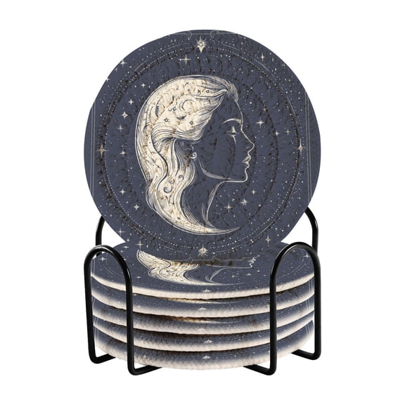 Beautiful Profile Woman Face Stars Drinking Coasters Cup Mat with Holder for Kitchen Cafe Bar 6 Packs