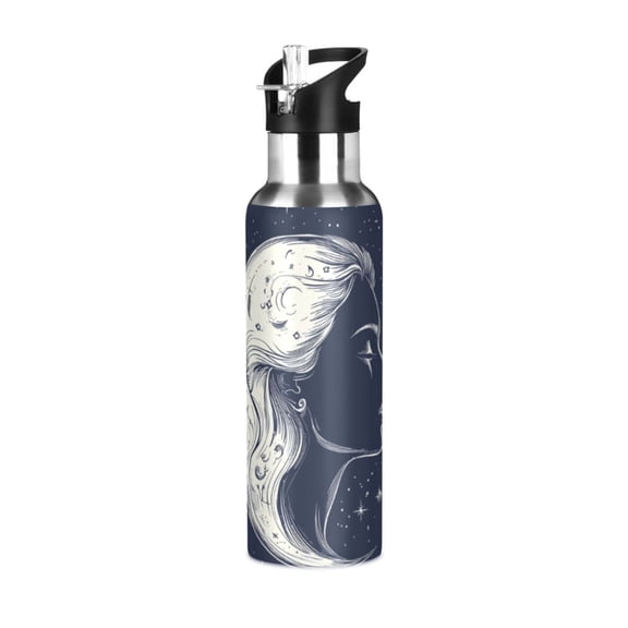 Beautiful Profile Woman Face Stars Sports Bottle with Straw Stainless Steel Water Jug Portable Thermal Cup Leak-proof 600ML