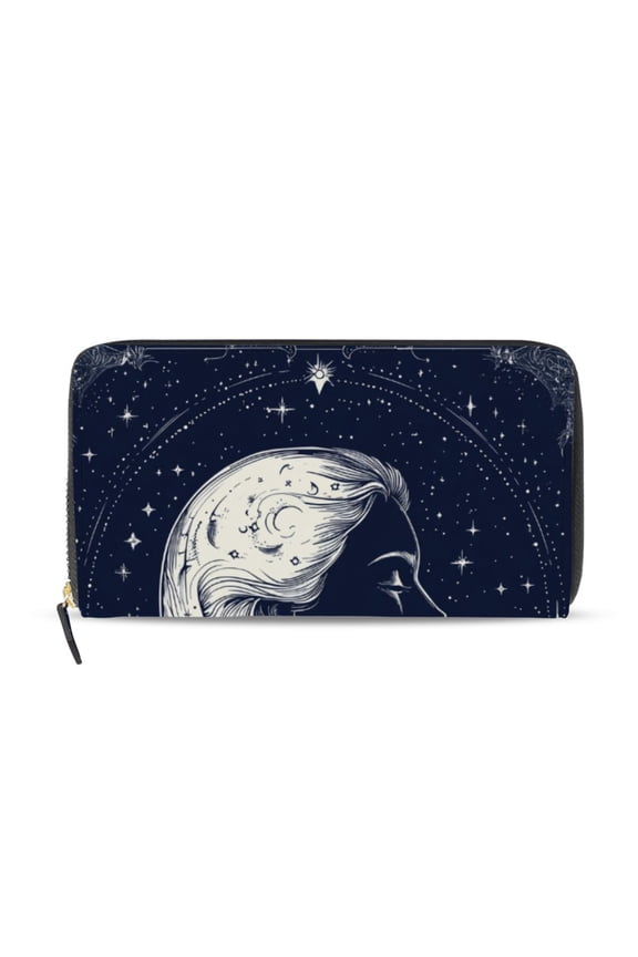 Beautiful Profile Woman Face Stars Women's Long Zipper Wallet Bifold Clutch Purse PU Leather Card Cases