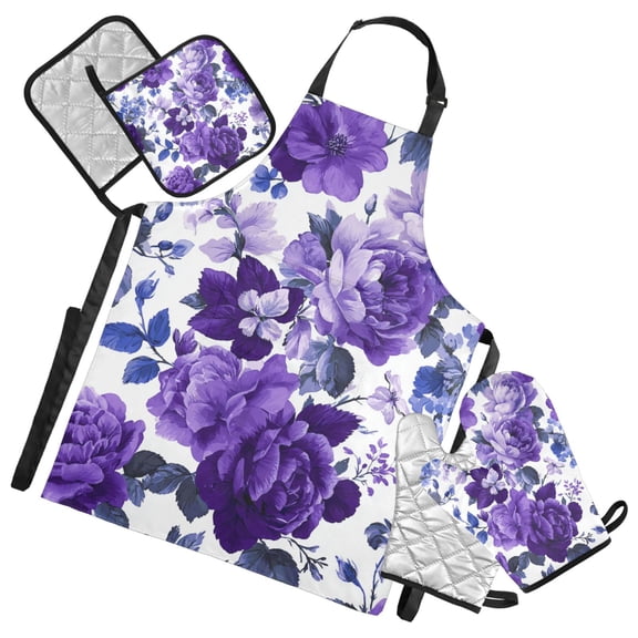 Beautiful Purple Florals Apron Set with Oven Mitts Pot Holders Set of 5 Kitchen Stuff Accessories