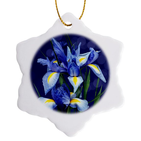 3drose, Beautiful Purple Iris Floral Botanical with Soft Blue Bokeh Background, 3 inch Snowflake Porcelain Ornament
