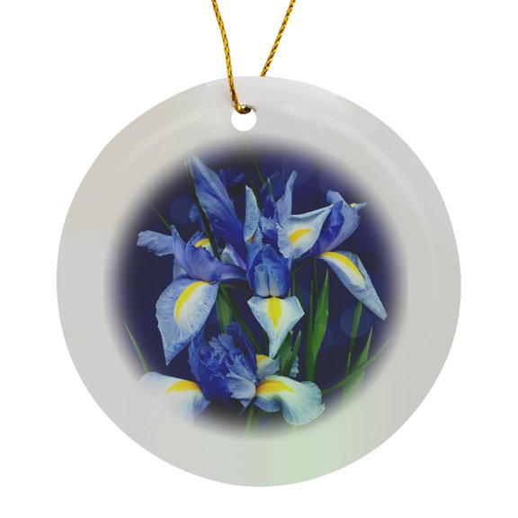 3drose, Beautiful Purple Iris Floral Botanical with Soft Blue Bokeh Background, Circle Porcelain Ornament