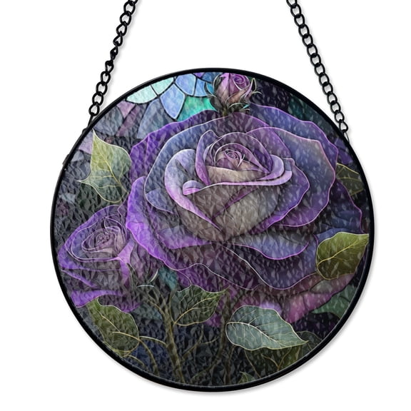 Beautiful Purple Rose Checkered Border Suncatcher Stained Glass Style UV Printed Glass Romantic Garden Decor Round