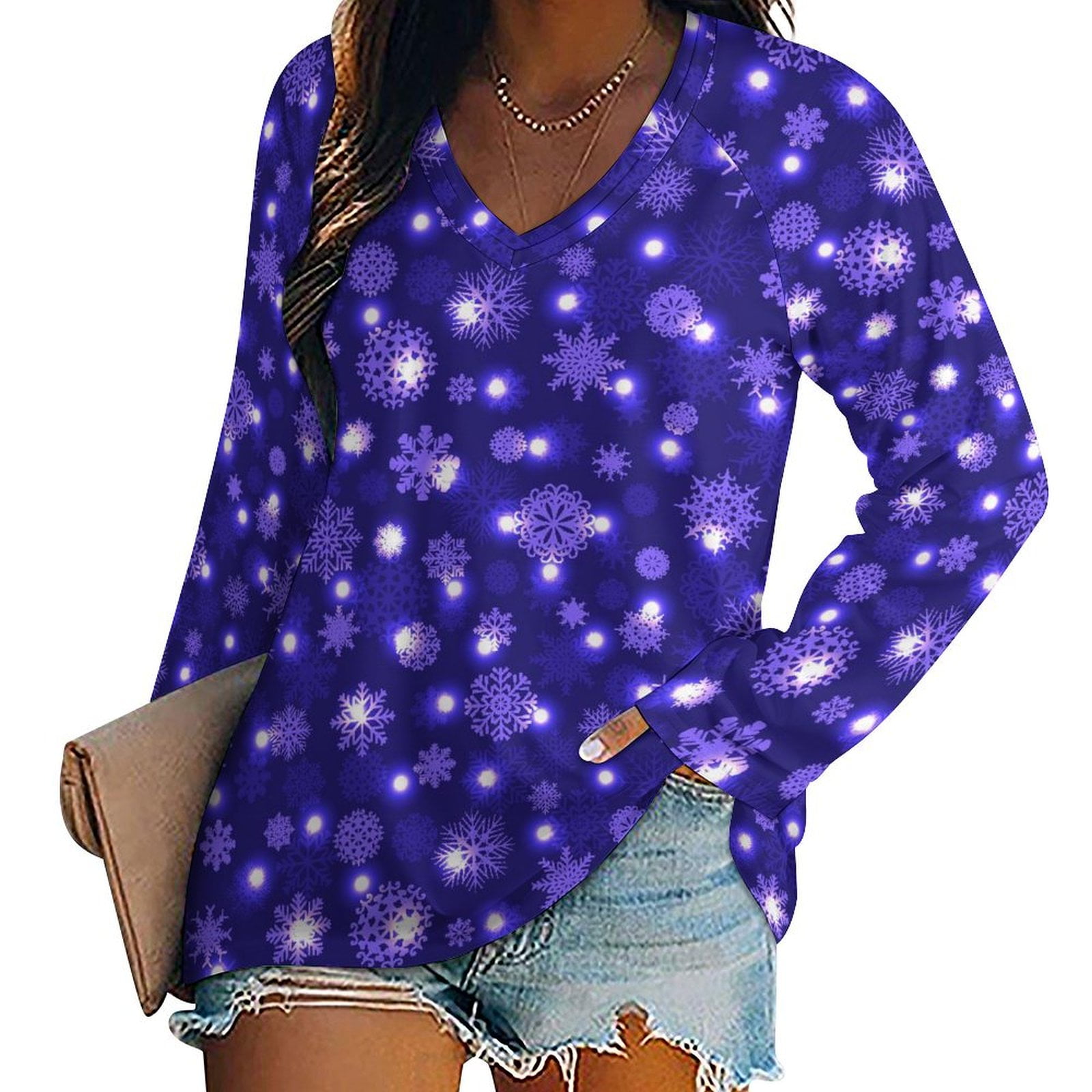 Beautiful Purple Snowflakes Long Sleeve Shirts for Women V Neck