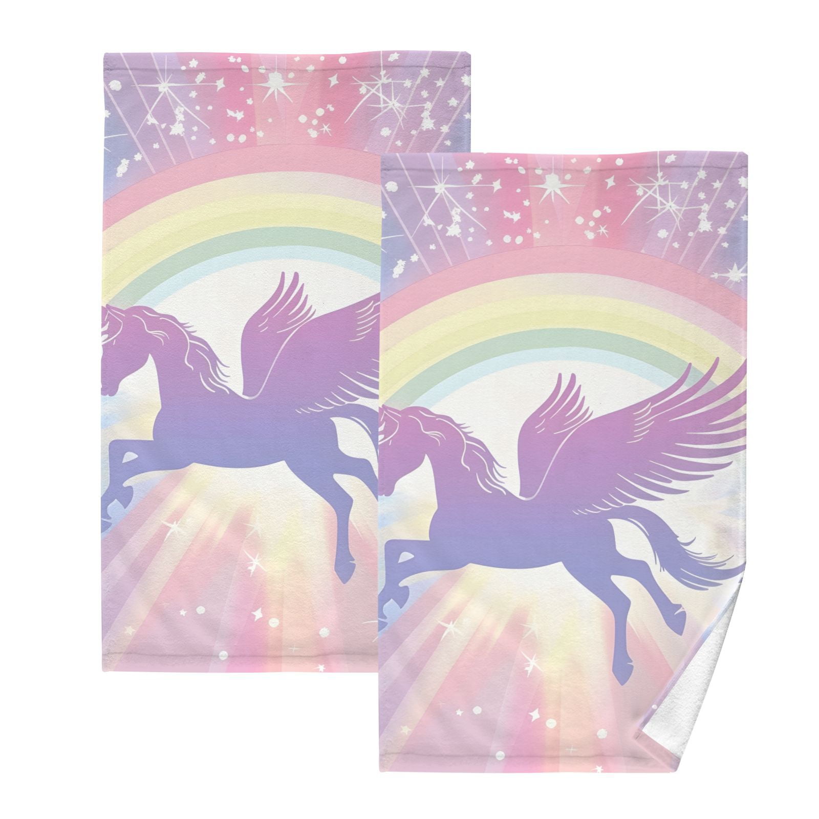 Beautiful Rainbow Unicorn Hand Towels Cotton Bath Towels Large Face Towels Absorbent for Bathroom 2 Packs