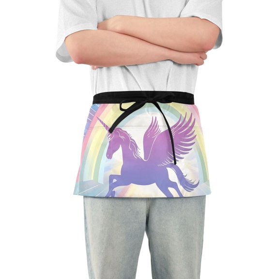Beautiful Rainbow Unicorn Waist Apron Adjustable Server Half Apron Kitchen Cooking with 3 Pockets for Men Women