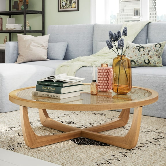 Beautiful Rattan & Glass Coffee Table with Solid Wood Frame by Drew Barrymore, Warm Honey Finish