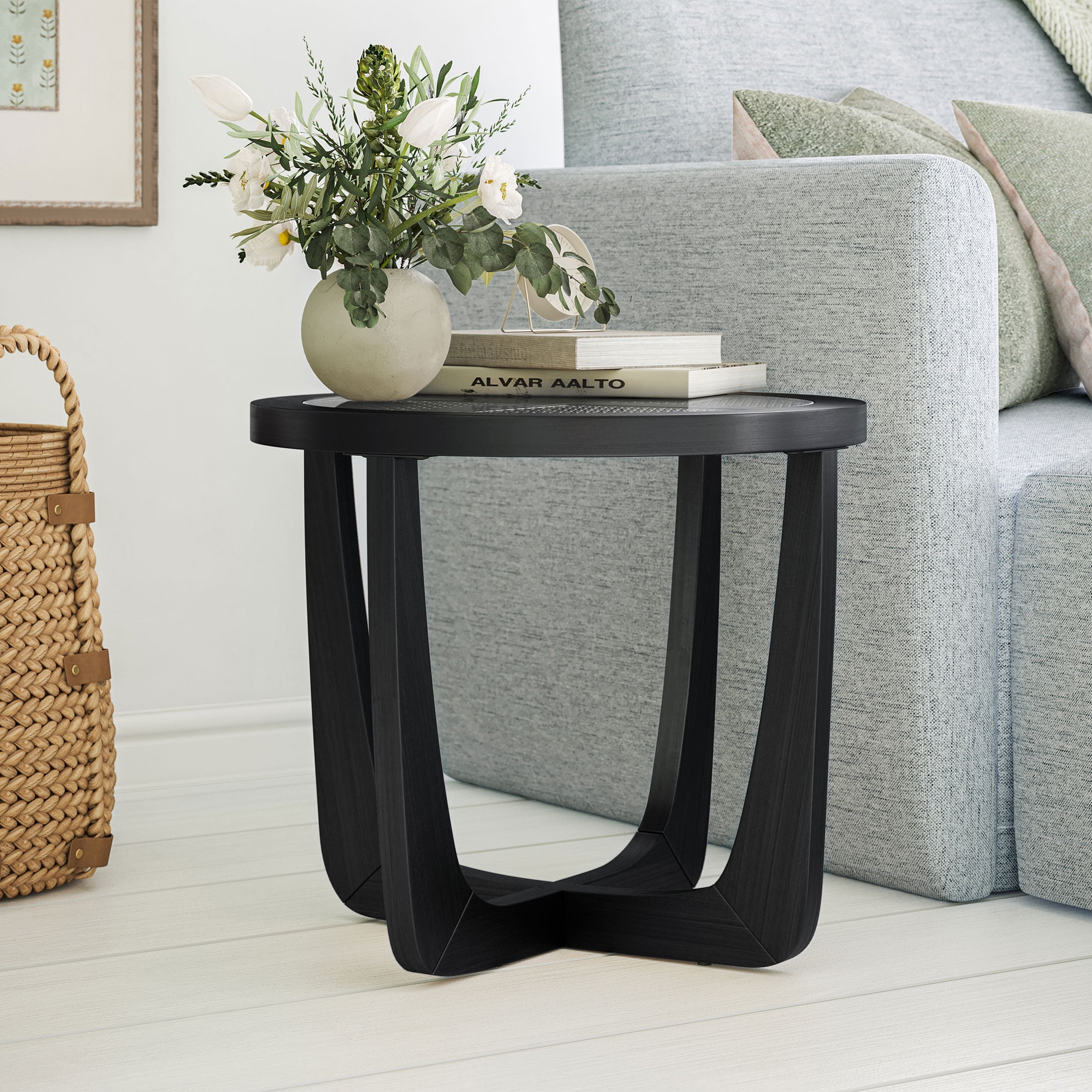 Black rattan end table discount
