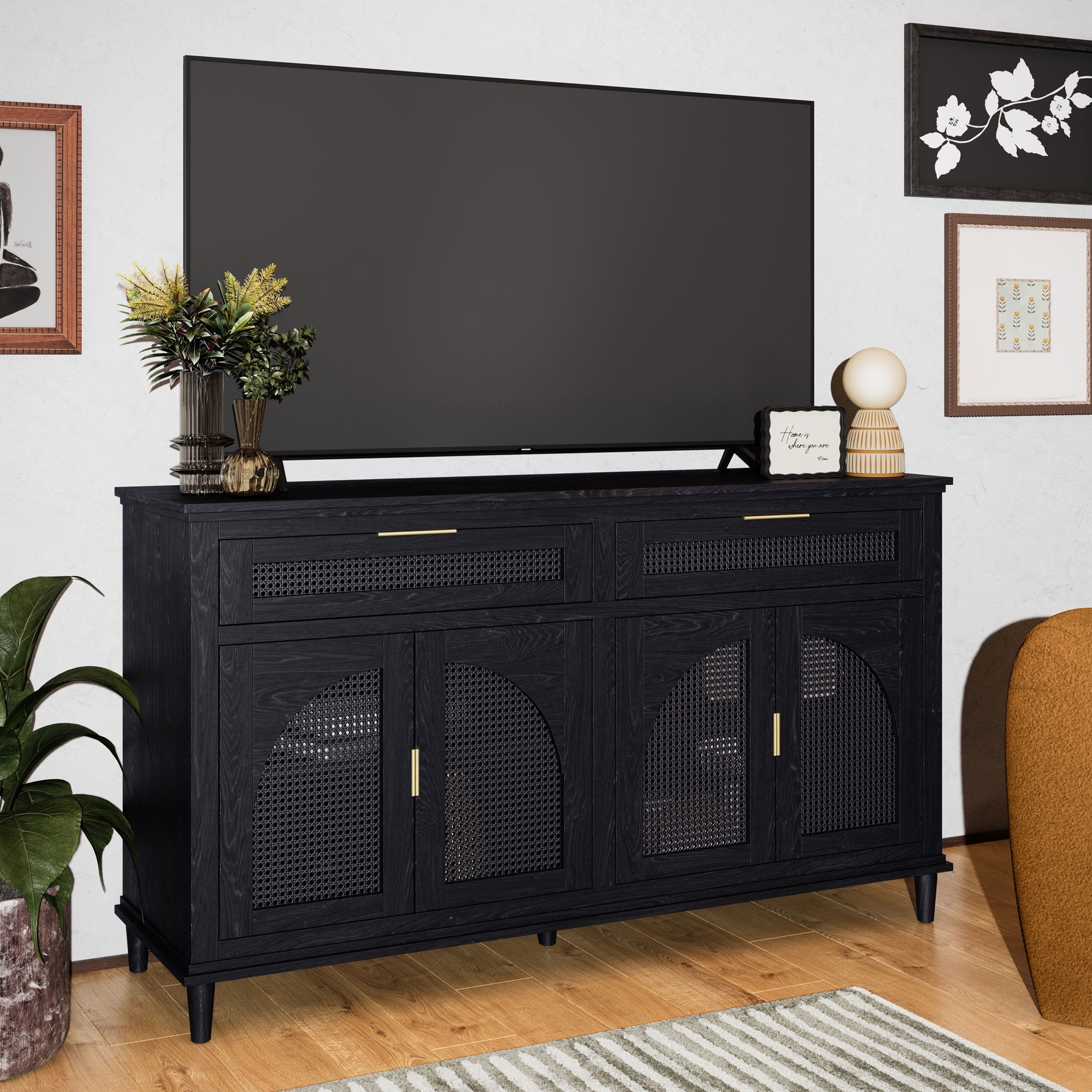Beautiful Drew Rattan Media Console with teched Away Drawer by Drew Barrymore Black Finish