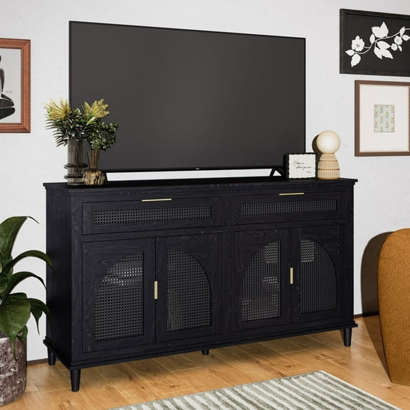 Beautiful Drew Rattan Media Console with Teched Away Drawer by Drew Barrymore, Black Finish