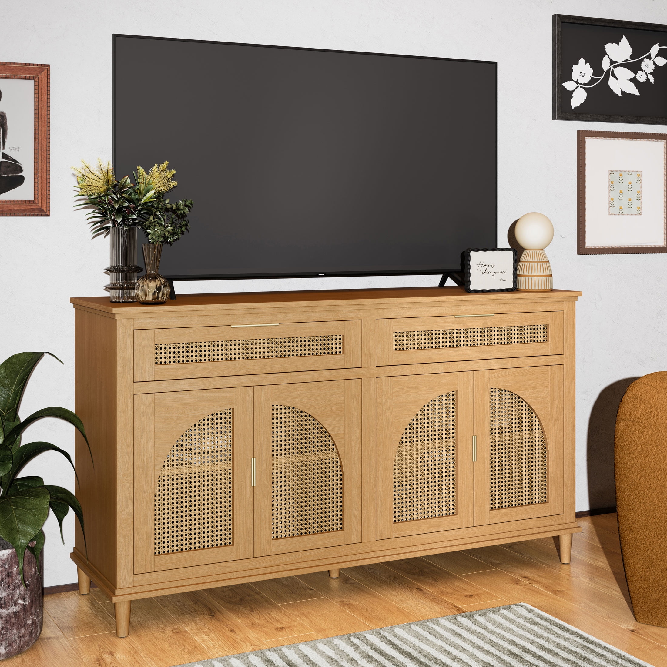 Beautiful Drew Rattan Media Console with Teched Away Drawer by Drew Barrymore, Warm Honey Finish - Walmart.com