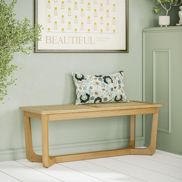 Beautiful Rattan Wood Bench with Solid Wood Frame by Drew Barrymore Warm Honey Finish