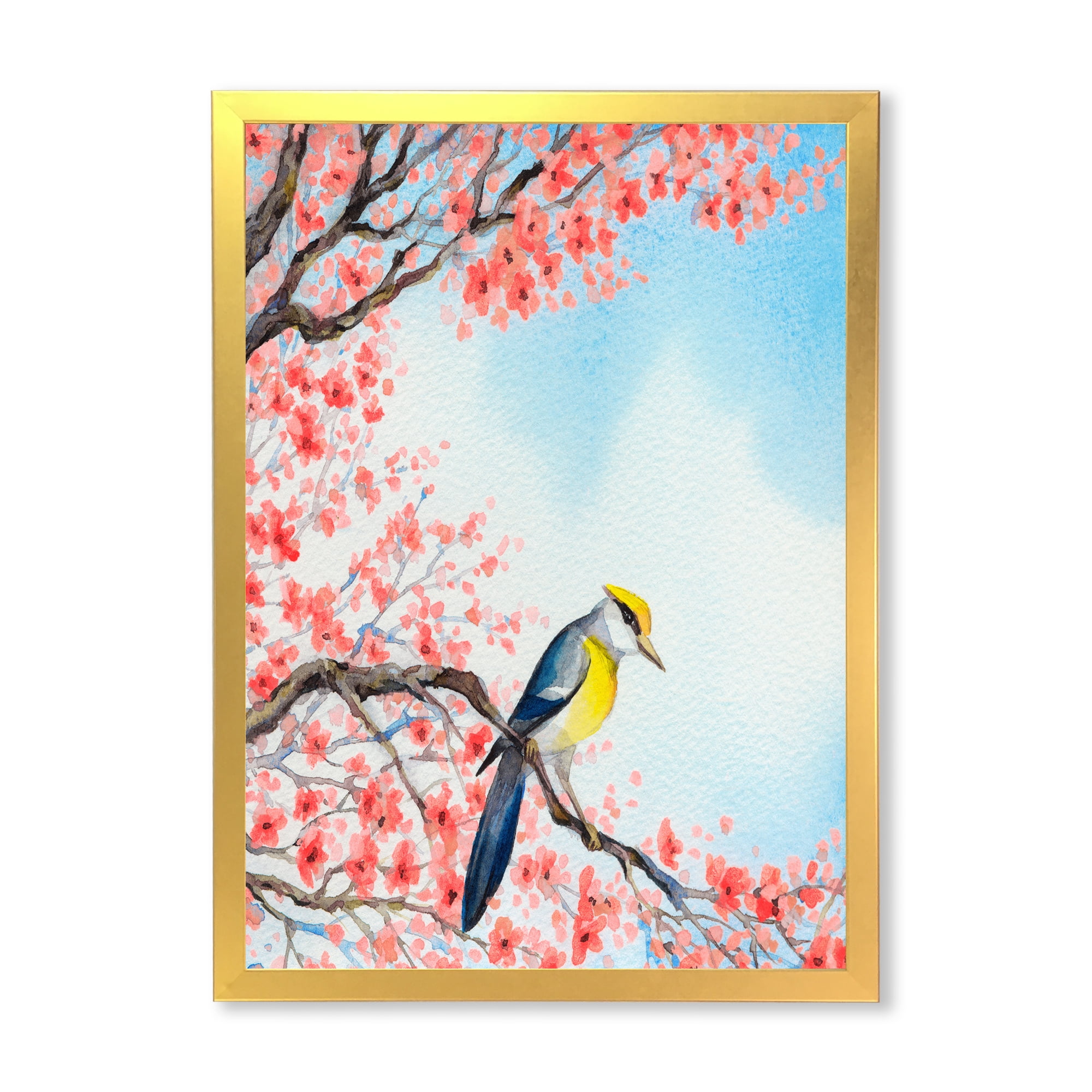 Beautiful Red Bird Sitting On Flowering Branch I 12 in x 20 in Framed Painting Canvas Art Print, by Designart