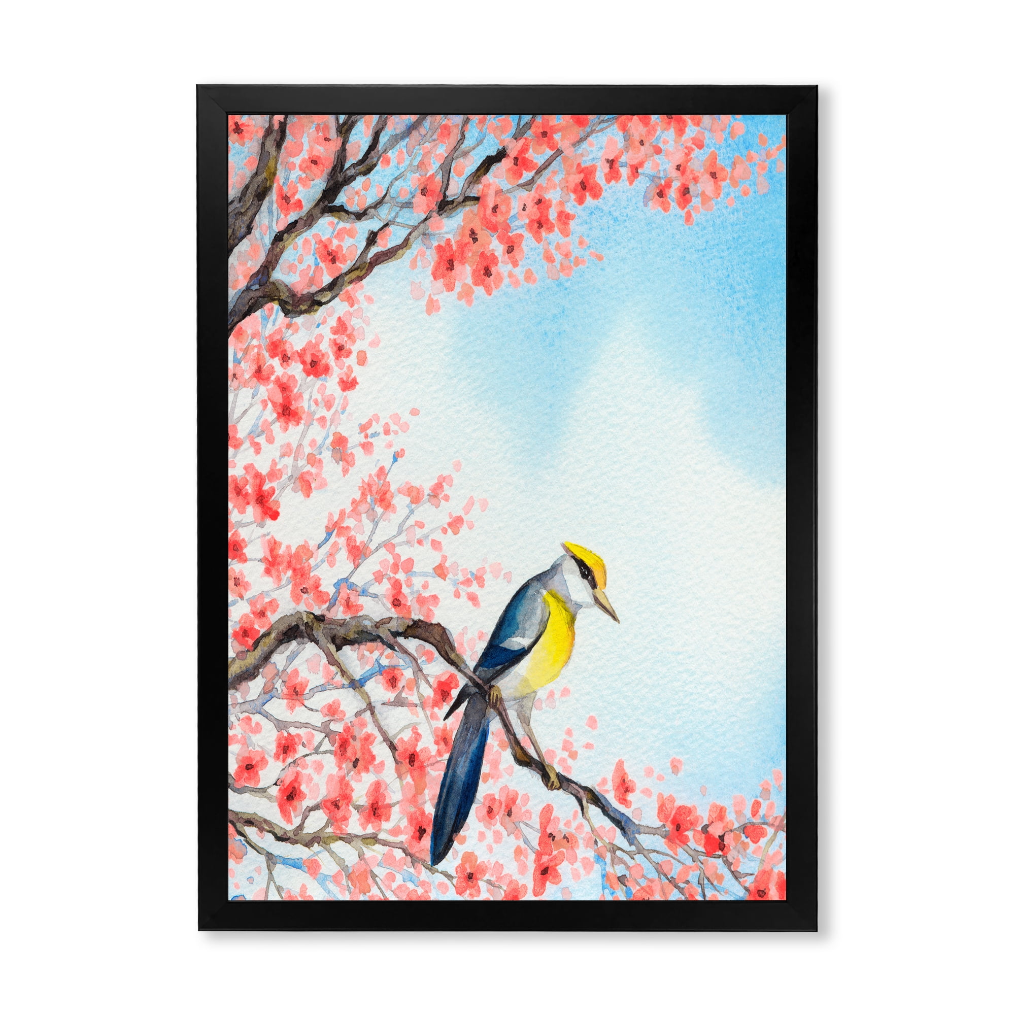 Beautiful Red Bird Sitting On Flowering Branch I 16 in x 32 in Framed Painting Canvas Art Print, by Designart