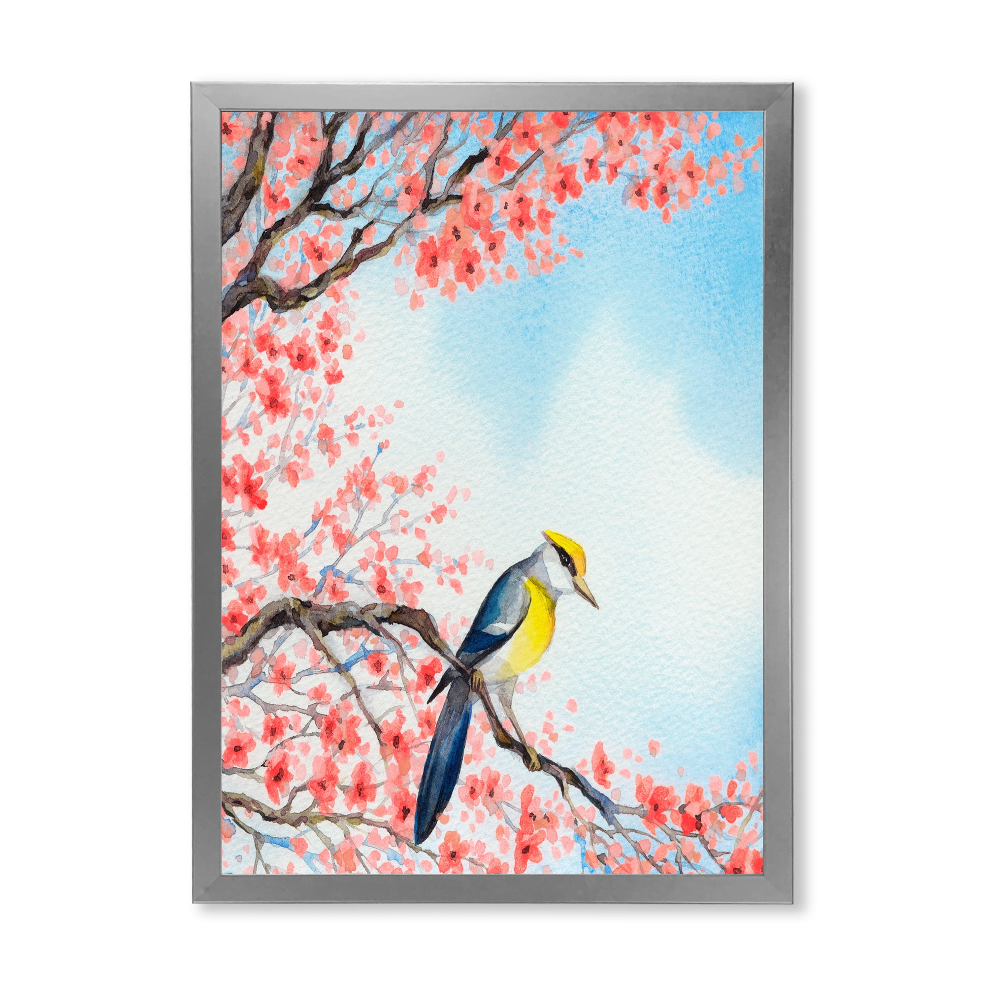 Beautiful Red Bird Sitting On Flowering Branch I 24 in x 32 in Framed Painting Canvas Art Print, by Designart