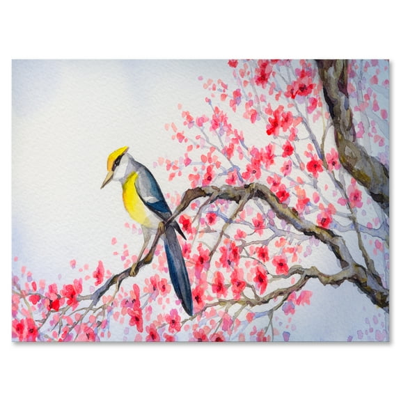 Beautiful Red Bird Sitting On Flowering Branch II 12 in x 8 in Painting Canvas Art Print, by Designart