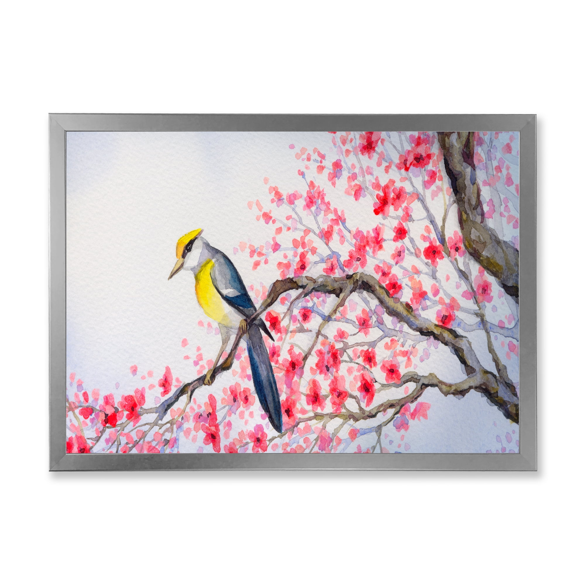 Beautiful Red Bird Sitting On Flowering Branch II 20 in x 12 in Framed Painting Canvas Art Print, by Designart
