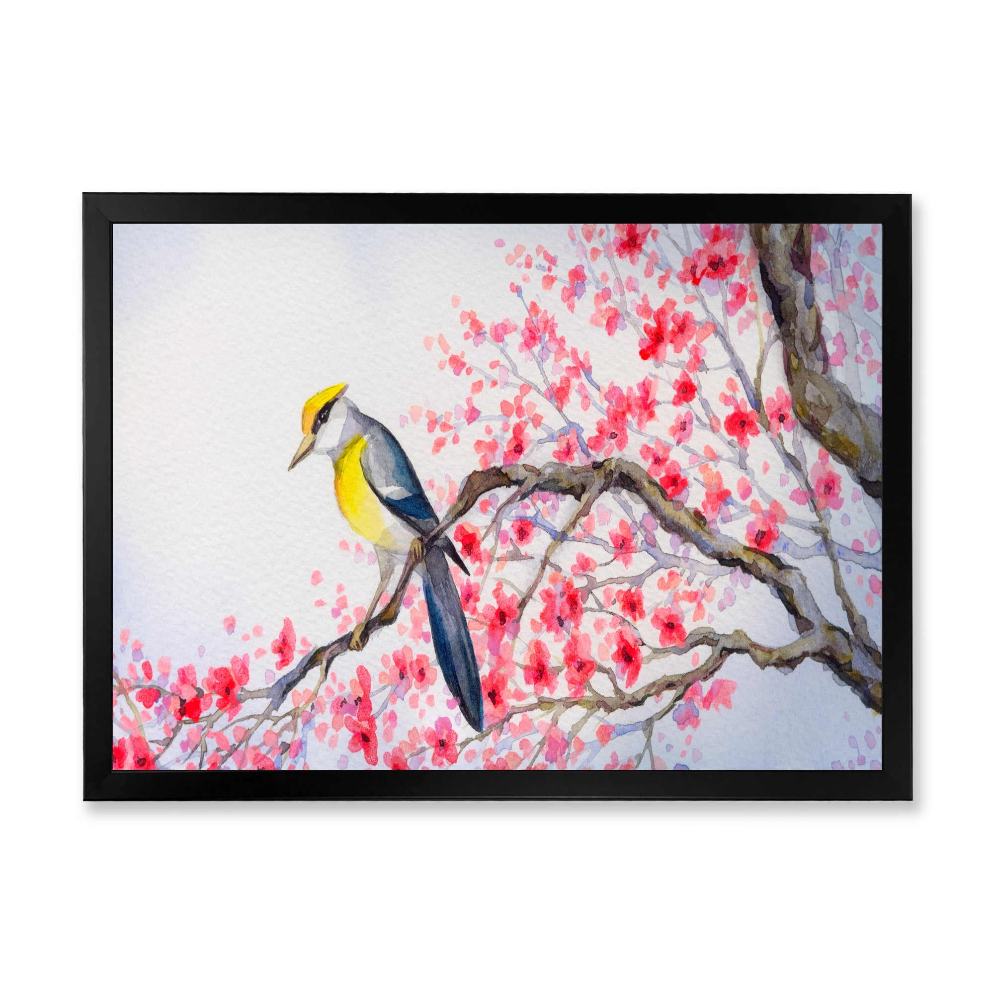 Beautiful Red Bird Sitting On Flowering Branch II 32 in x 16 in Framed Painting Canvas Art Print, by Designart