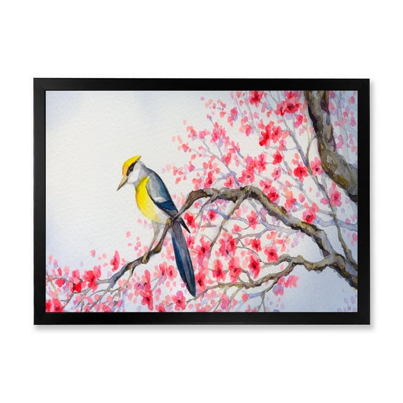 Beautiful Red Bird Sitting On Flowering Branch II 32 in x 16 in Framed Painting Canvas Art Print, by Designart