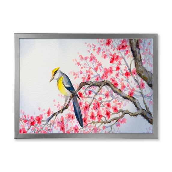 Beautiful Red Bird Sitting On Flowering Branch II 32 in x 16 in Framed Painting Canvas Art Print, by Designart
