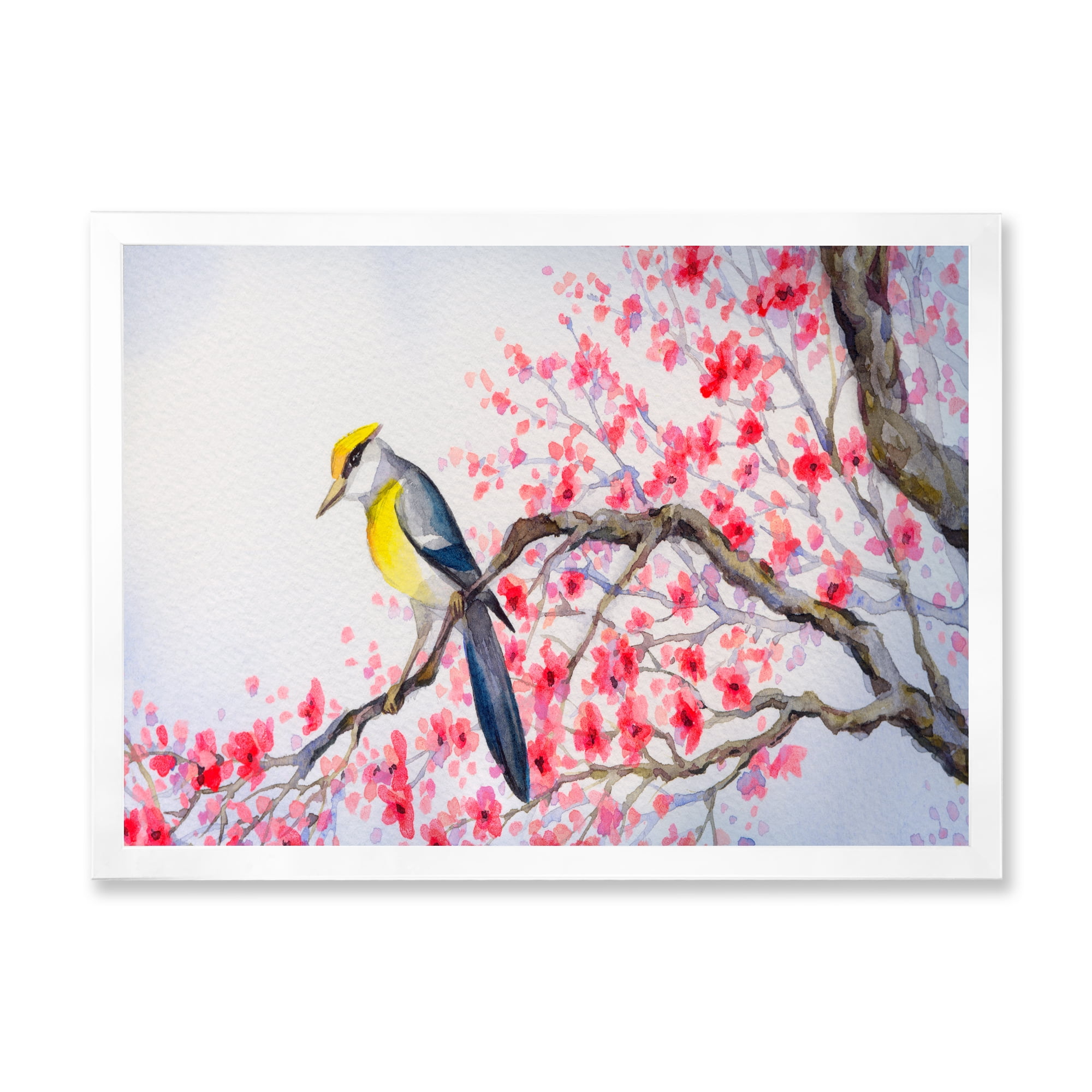 Beautiful Red Bird Sitting On Flowering Branch II 32 in x 16 in Framed Painting Canvas Art Print, by Designart