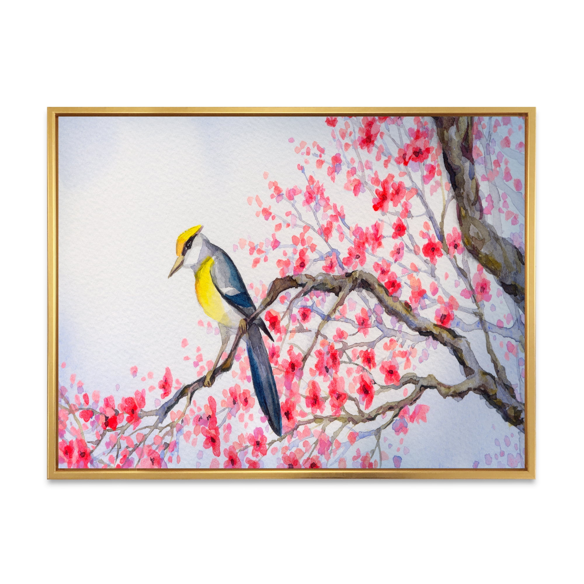 Beautiful Red Bird Sitting On Flowering Branch II 32 in x 24 in Framed Painting Canvas Art Print, by Designart