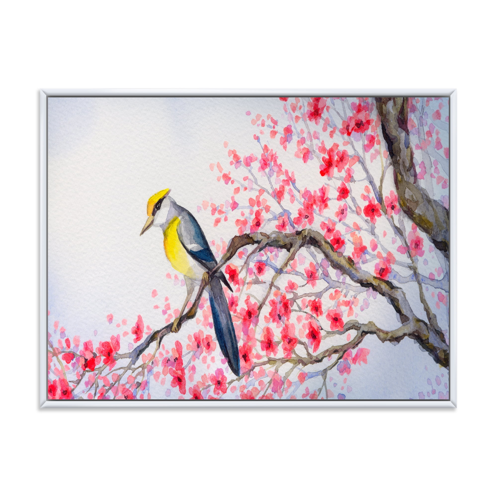 Beautiful Red Bird Sitting On Flowering Branch II 40 in x 30 in Framed Painting Canvas Art Print, by Designart