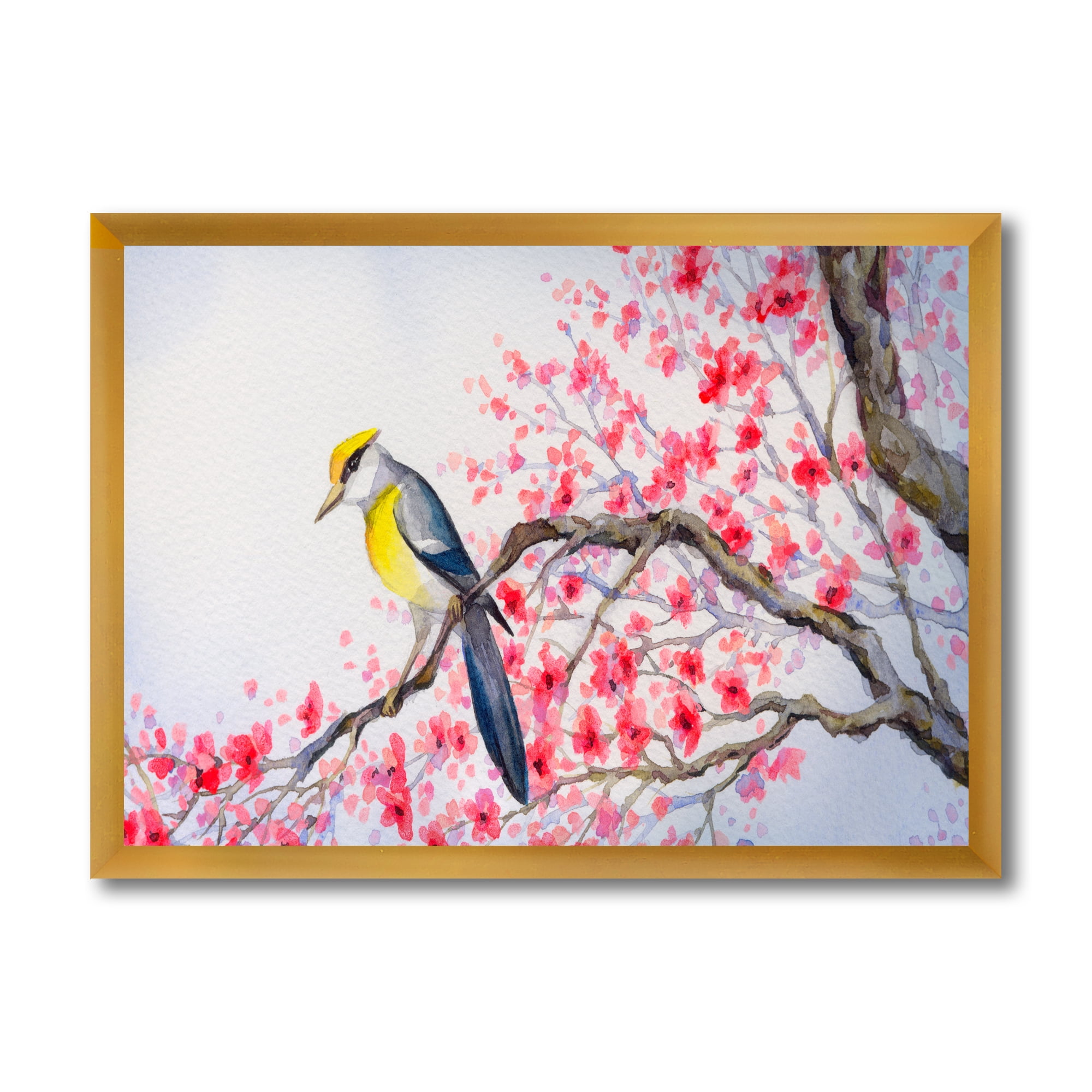 Beautiful Red Bird Sitting On Flowering Branch II 40 in x 30 in Framed Painting Canvas Art Print, by Designart