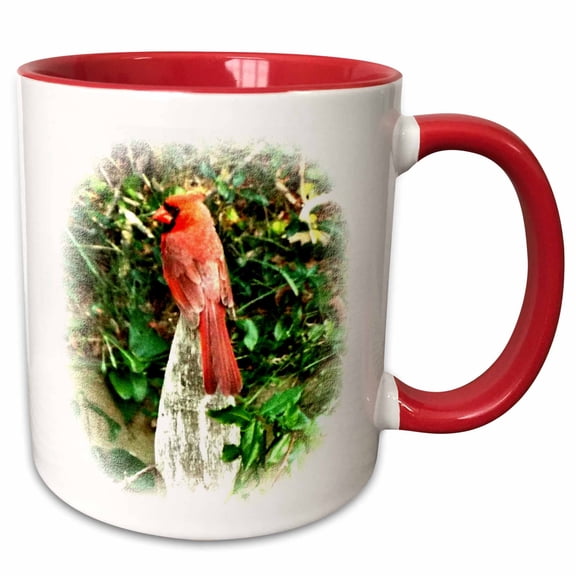 3drose, Beautiful Red Cardinal on Fence Vignette, 11oz Two-tone Red Mug