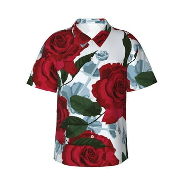 Beautiful Red Roses Flower Men's 3d Print Casual Button Down Shirts, Novelty Hawaiian Short Sleeves Xl