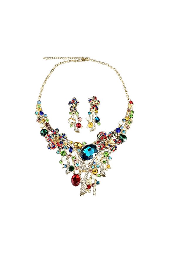 Beautiful Rhinestones Necklace and Earrings Set with Geometric Design Statement Necklace Suitable for Weddings and Event