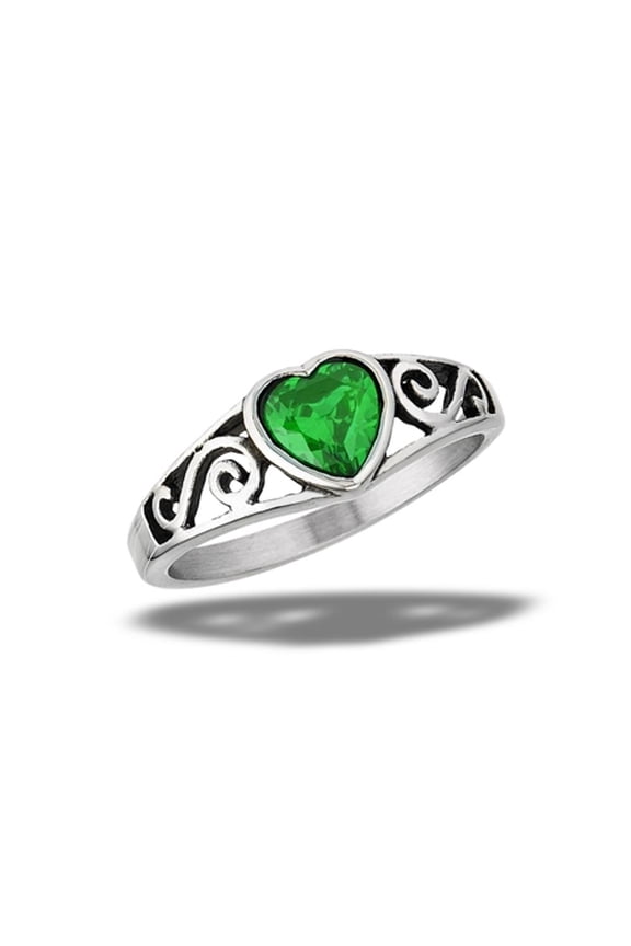 Beautiful Ring Stainless Steel Simulated Emerald Promise Heart Band Green CZ Female Size 7