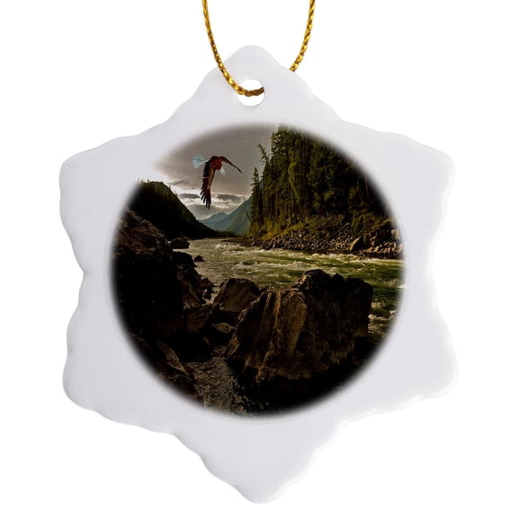 3drose, Beautiful River Landscape with Eagle Flying, 3 inch Snowflake Porcelain Ornament