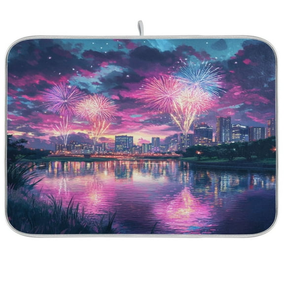 Beautiful River with Fireworks Dish Drying Mat Kitchen Mats Microfiber Counter Absorbent Dish Pad Drainer Rack
