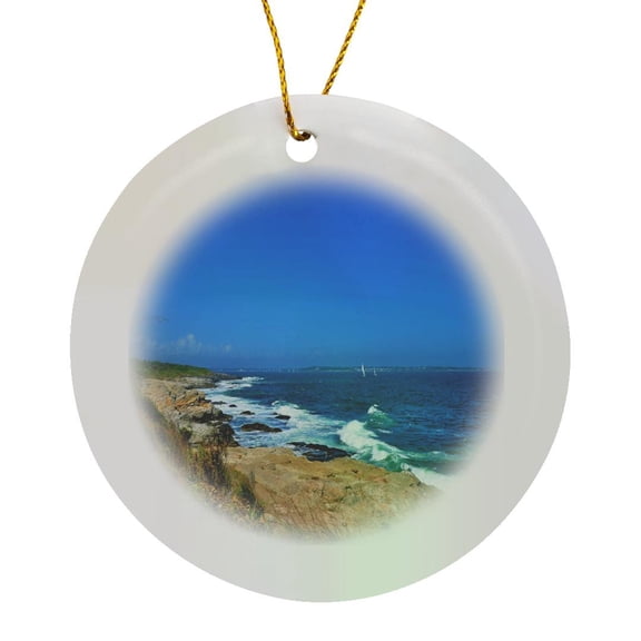 3drose, Beautiful Rocky Shore in Rhode Island with Waves and Sailboats, Circle Porcelain Ornament