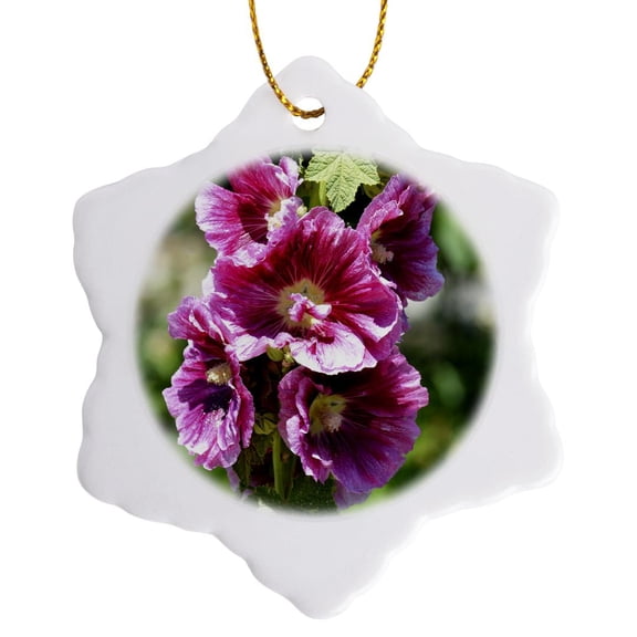 3drose, Beautiful Romantic Inspired Garden Pink Hollyhock Flowers, 3 inch Snowflake Porcelain Ornament