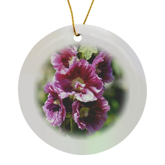 3drose, Beautiful Romantic Inspired Garden Pink Hollyhock Flowers, Circle Porcelain Ornament