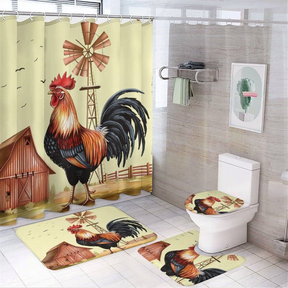 A Beautiful Rooster with A Windmill 4 Pcs Shower Curtain Sets Non-Slip Rugs And Toilet Mat Lid Rug Accessories Rustic Barn Windmill Durable And Waterproof for Bathroom Decor Set